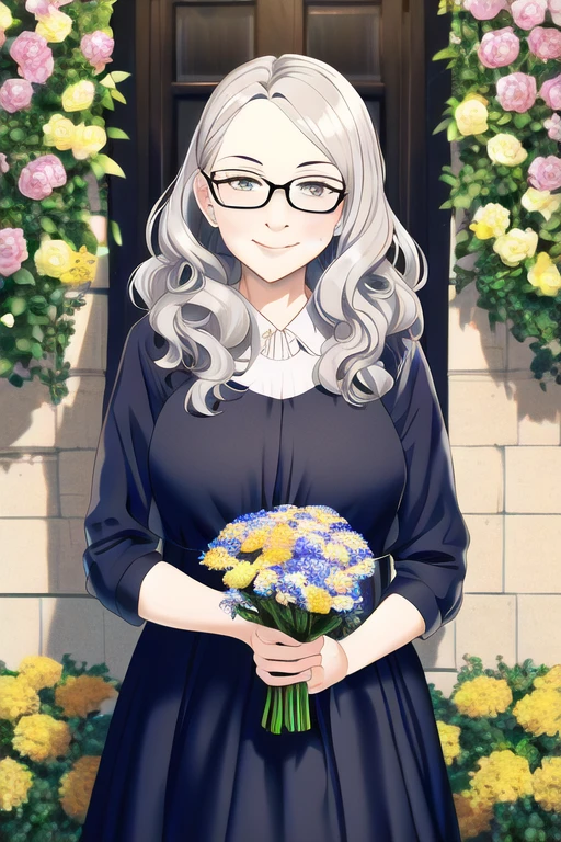 [NovelAI] wavy hair glasses flower elderly woman dress [Illustration]